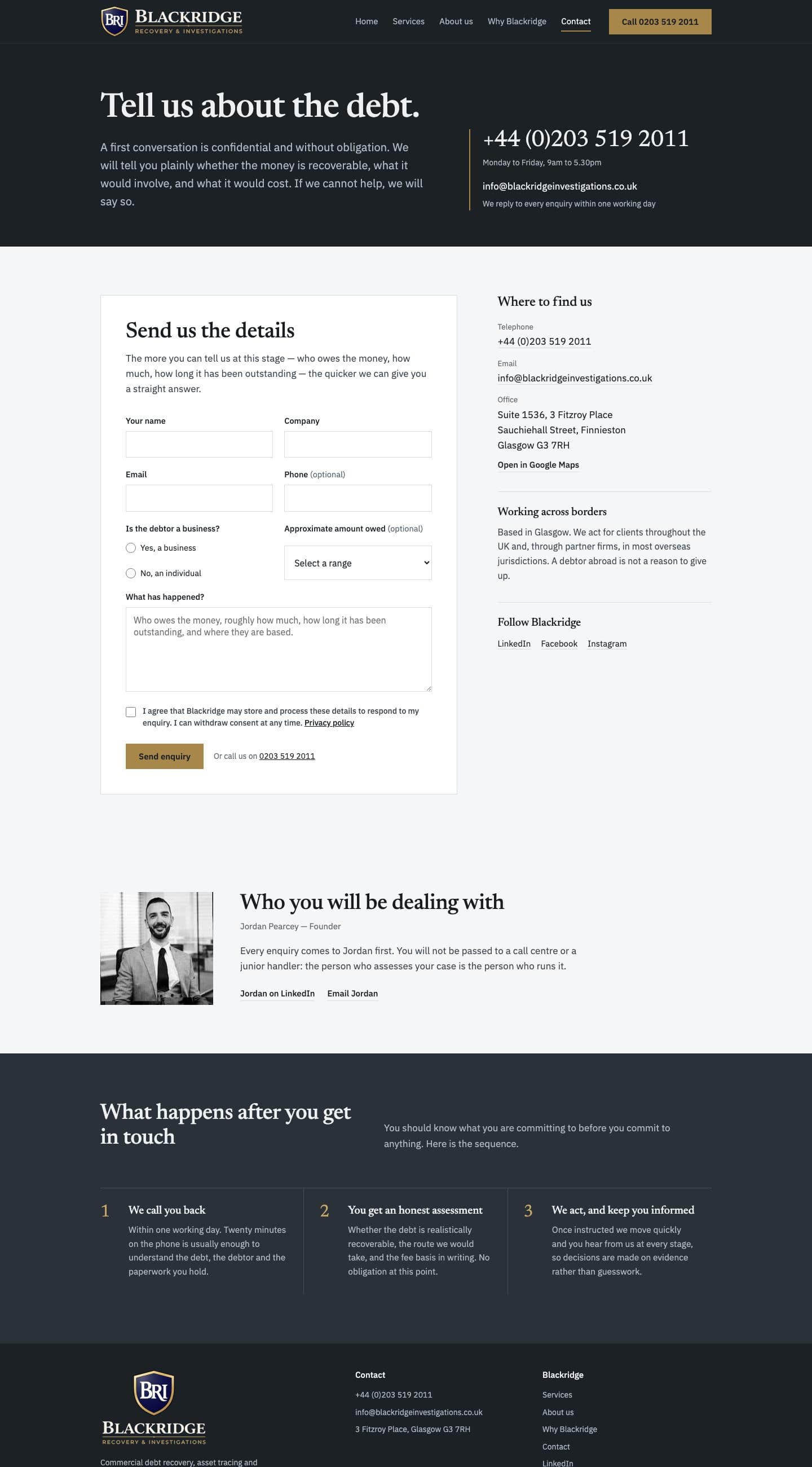 Blackridge contact page with the phone number, hours and a short enquiry form