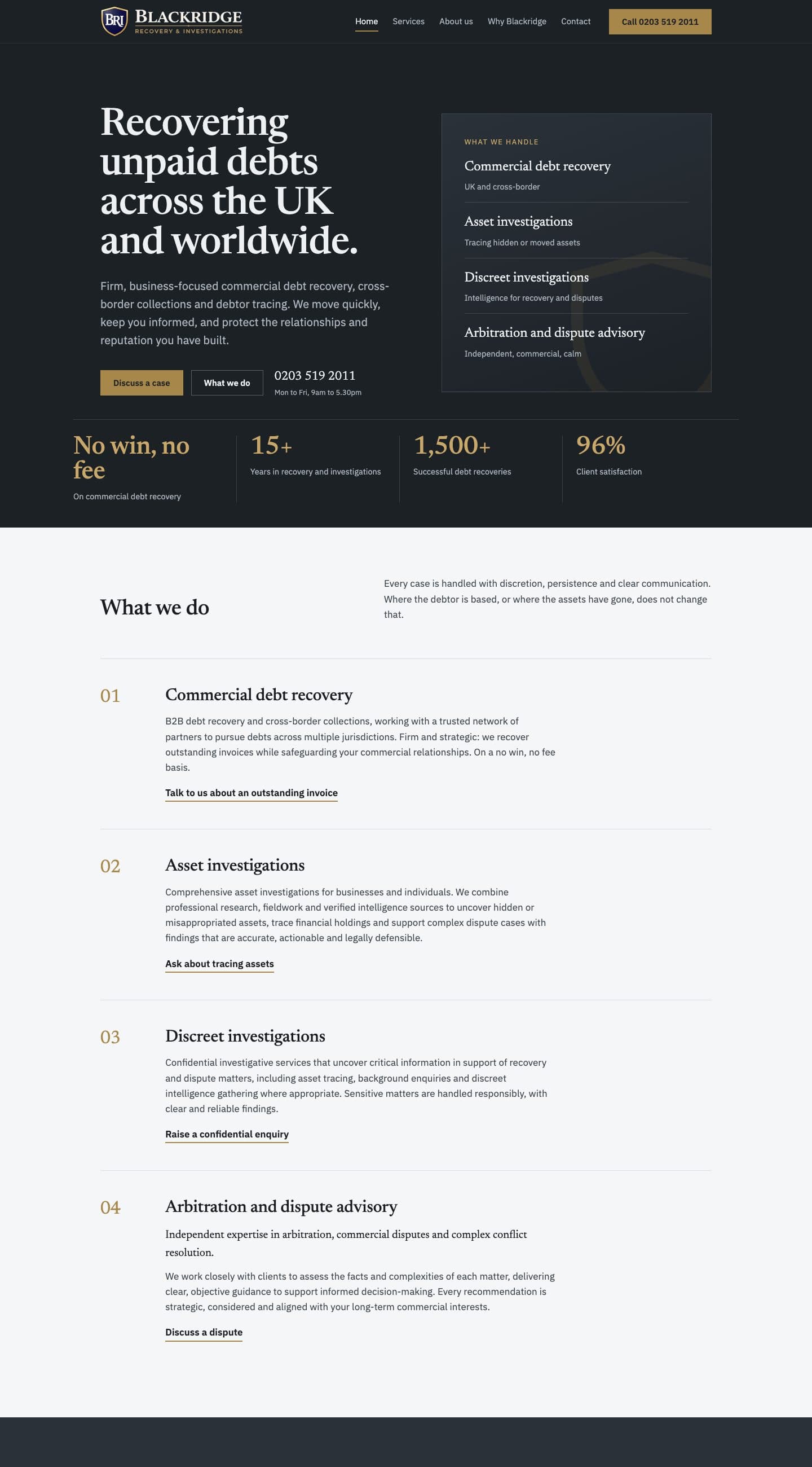 Blackridge homepage: dark header with the phone number, headline about recovering unpaid debts, a panel of four services and a list of what the firm does