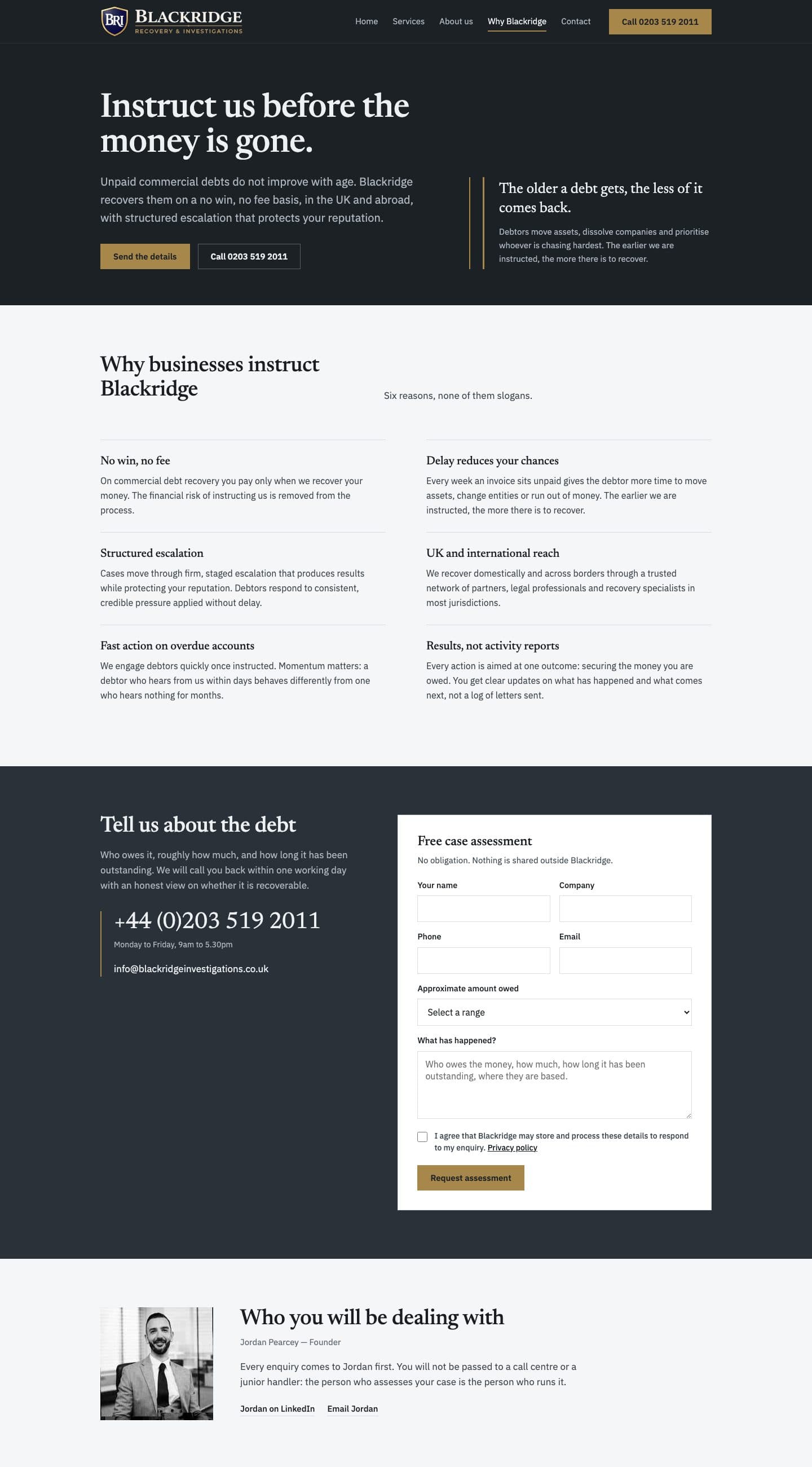 Blackridge 'why work with us' page listing seven reasons to instruct the firm