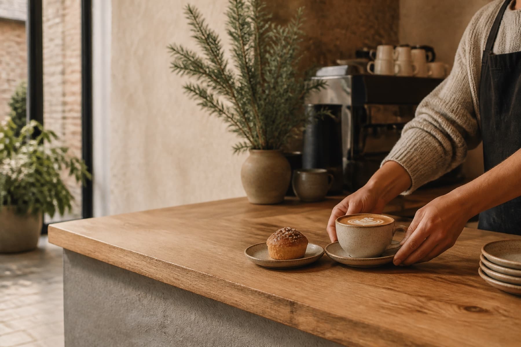 Fictional café counter with a flat white and pastry in warm morning light