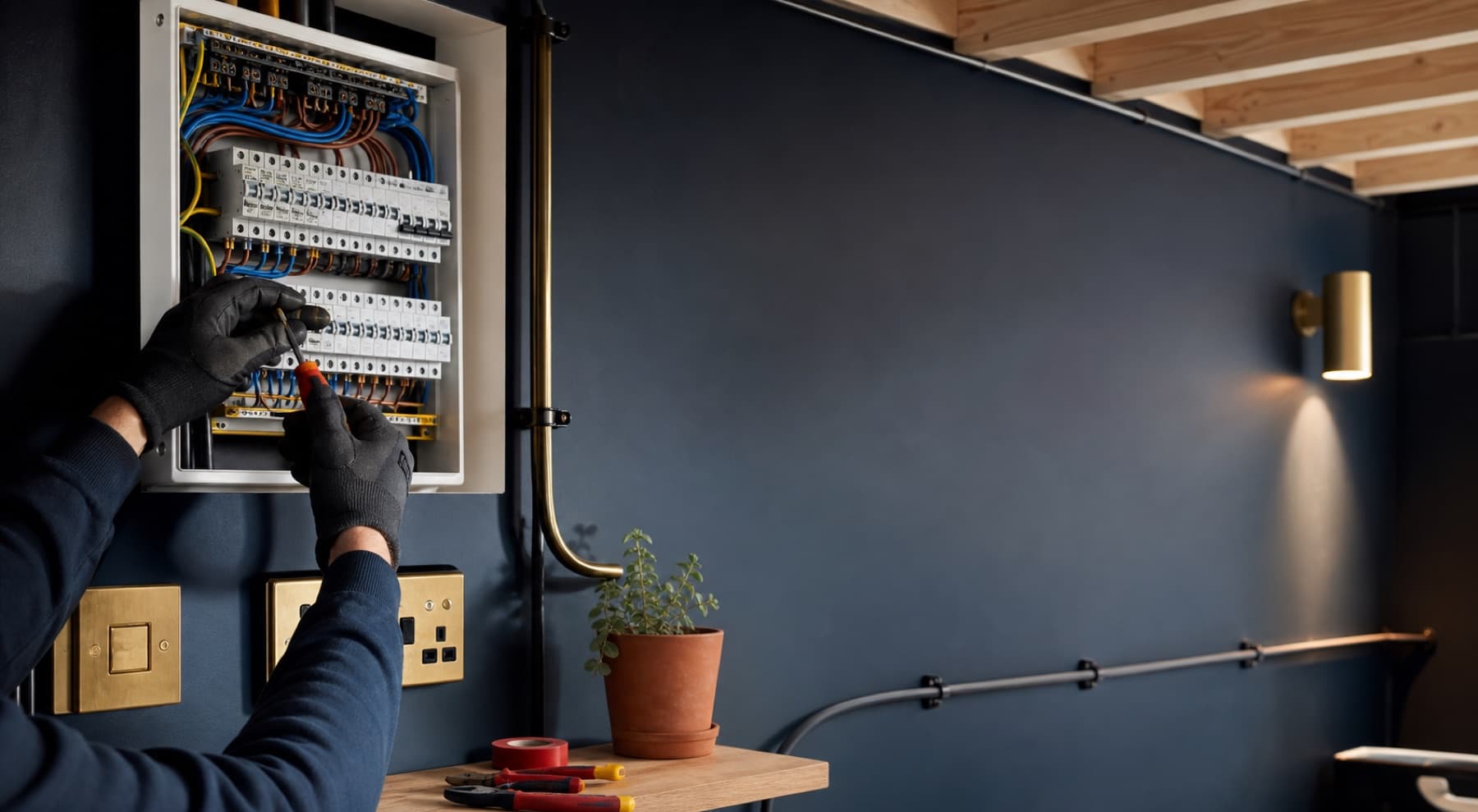 Fictional electrician making a careful connection in a modern residential installation