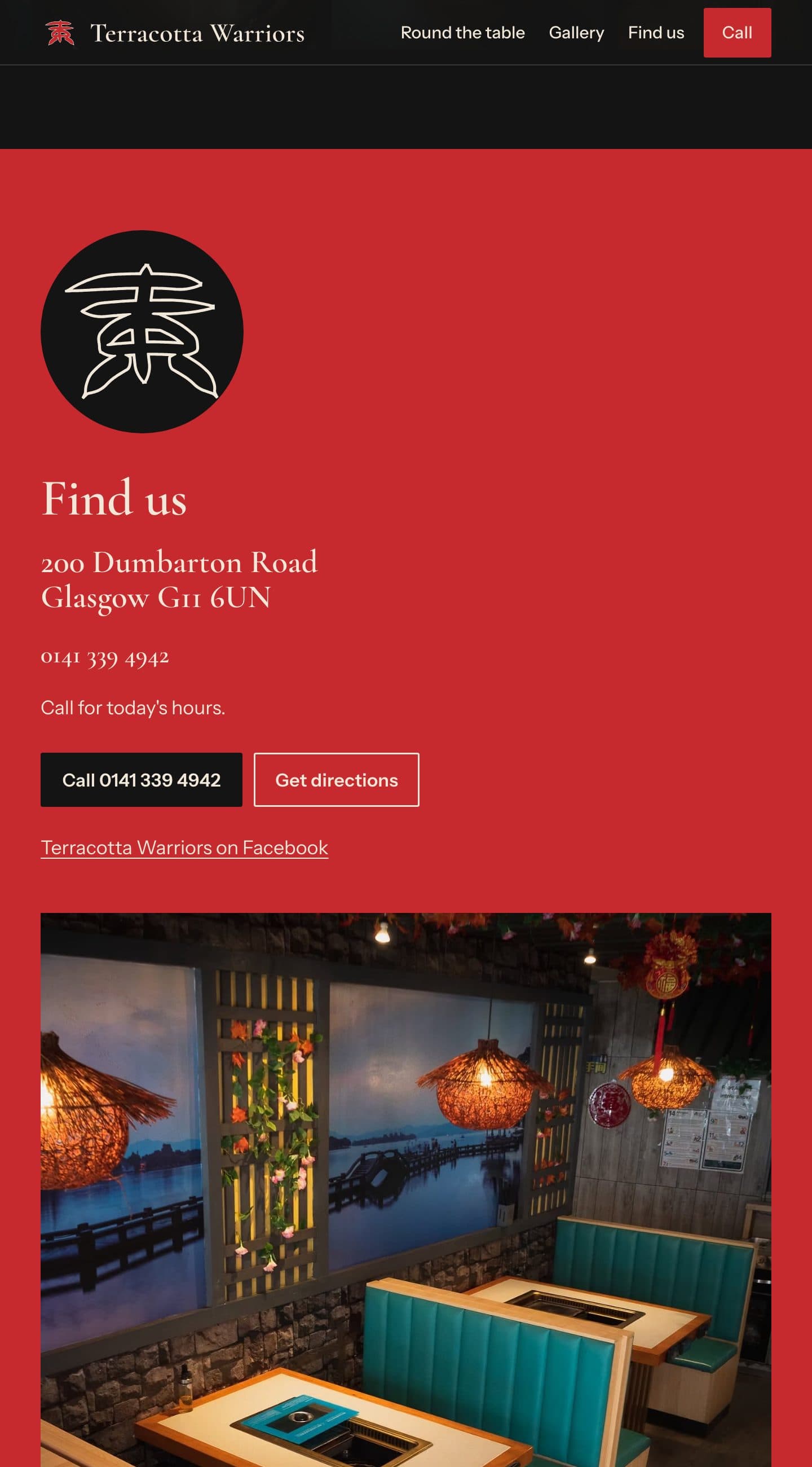 Terracotta Warriors contact section: 200 Dumbarton Road, the phone number and buttons to call or get directions, above a photograph of the booths