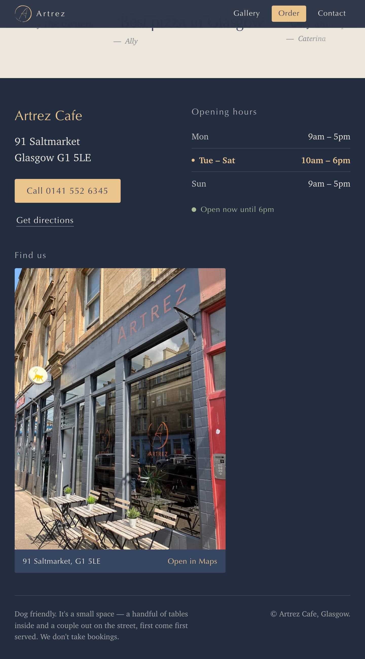Artrez contact section: address, phone number, opening hours with today marked, and a photograph of the shopfront on Saltmarket