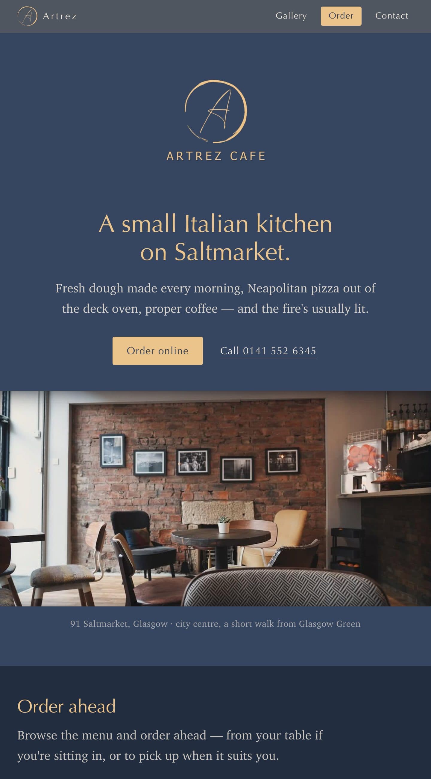 Artrez Cafe homepage: navy hero with the café monogram, the line about a small Italian kitchen on Saltmarket, buttons to order online or call, and a photograph of the room